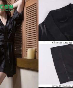 Áo choàng ngủ lụa màu đen quyến rũ, sang trọng